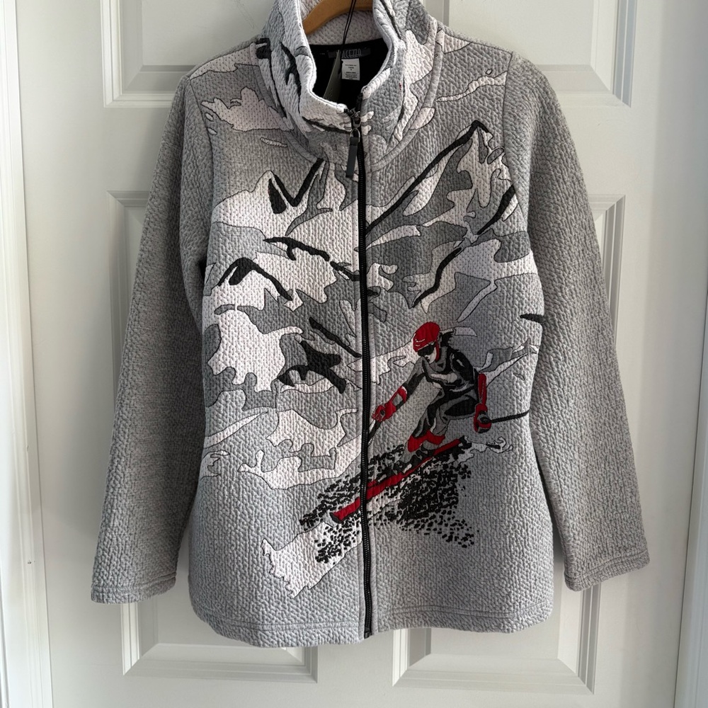 Gray and Red Artistic Ski Jacket with High Collar - Picture 6 of 10